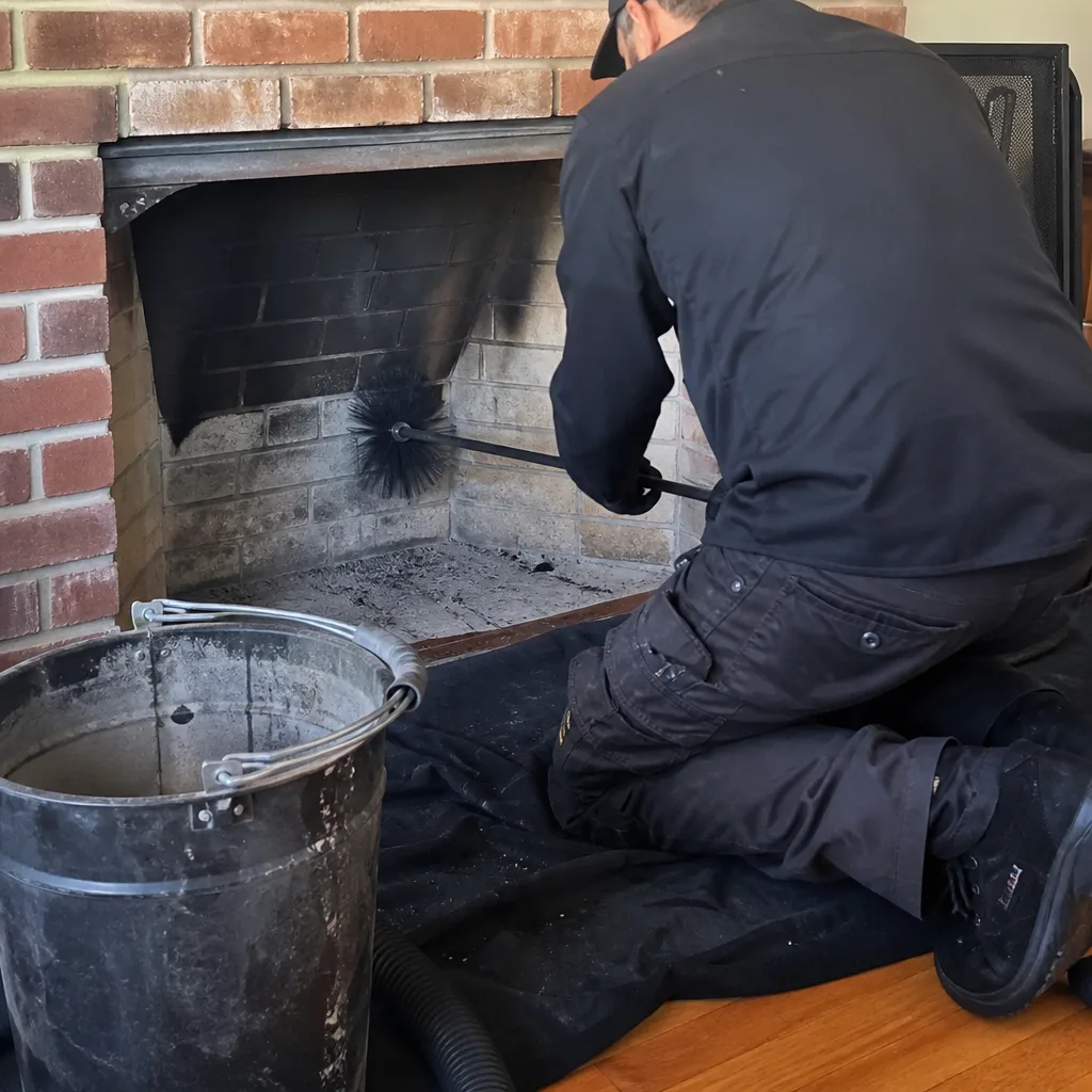 Professional chimney sweep cleaning soot from a residential brick fireplace interior