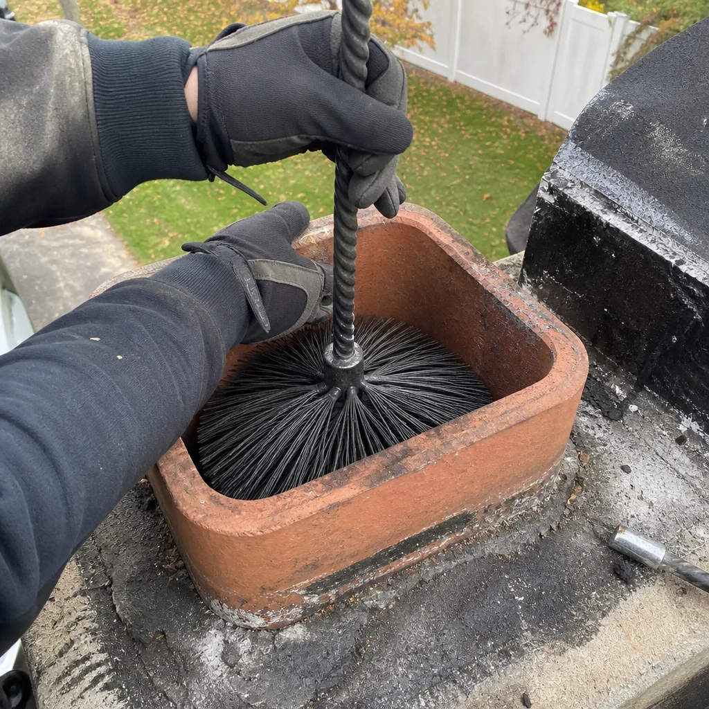 Professional chimney sweep cleaning a brick chimney flue with a wire brush