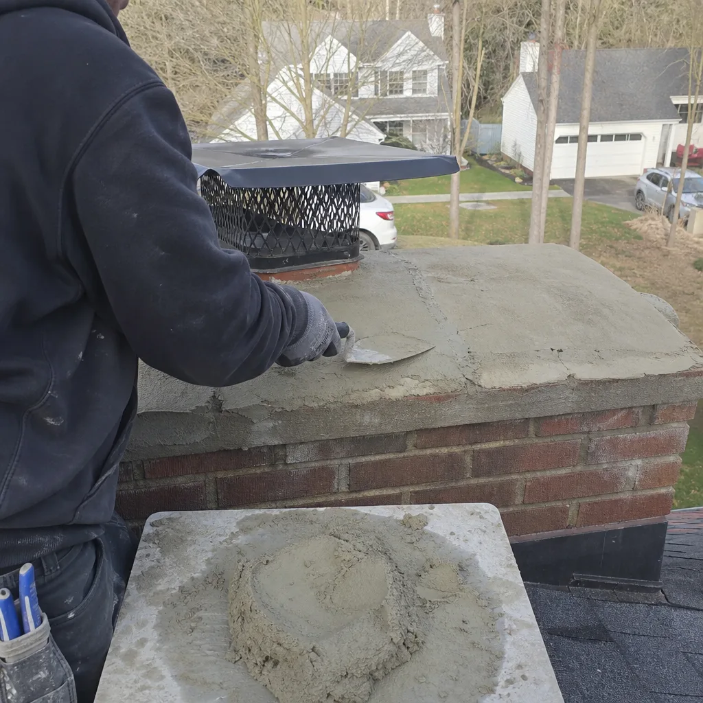 Professional technician applying mortar for a chimney crown repair