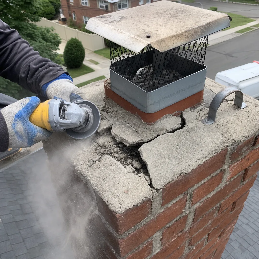 Worker grinding damaged chimney crown for professional repair