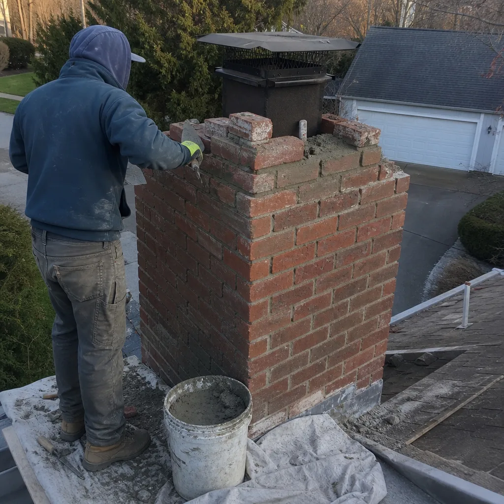 Professional mason performing chimney masonry repair and brick restoration on rooftop