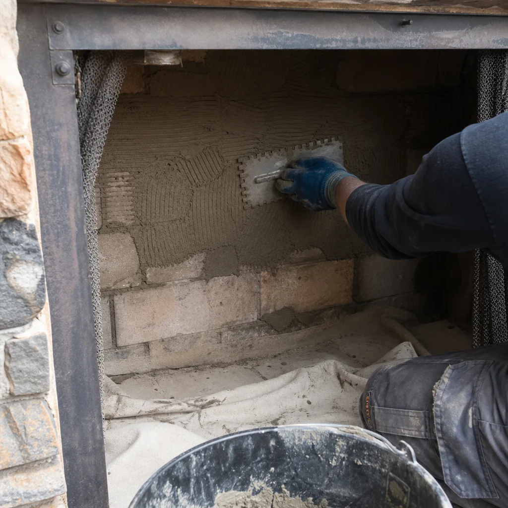 Worker applying mortar with a notched trowel inside a fireplace