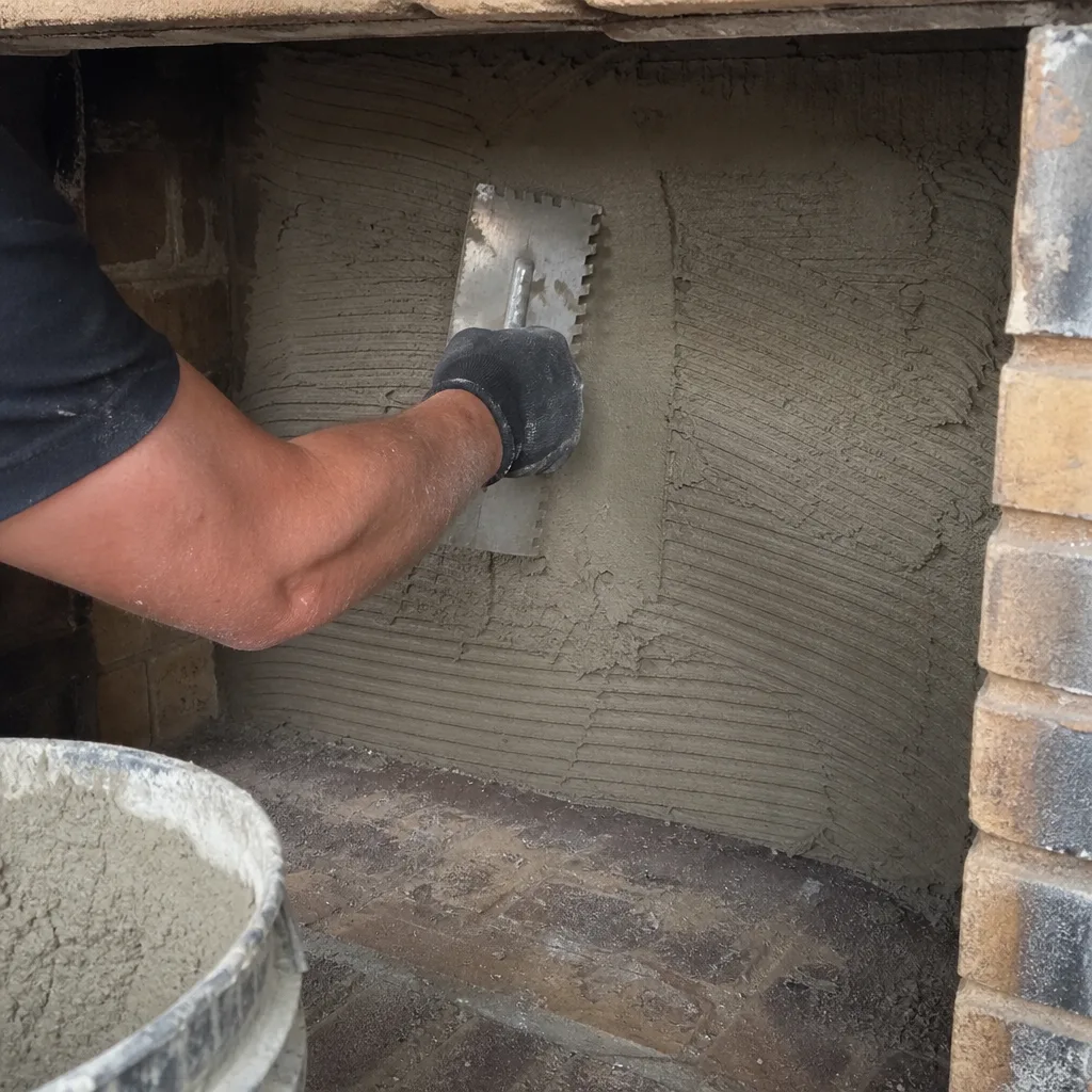 Worker applying mortar to a fireplace interior for firebrick installation
