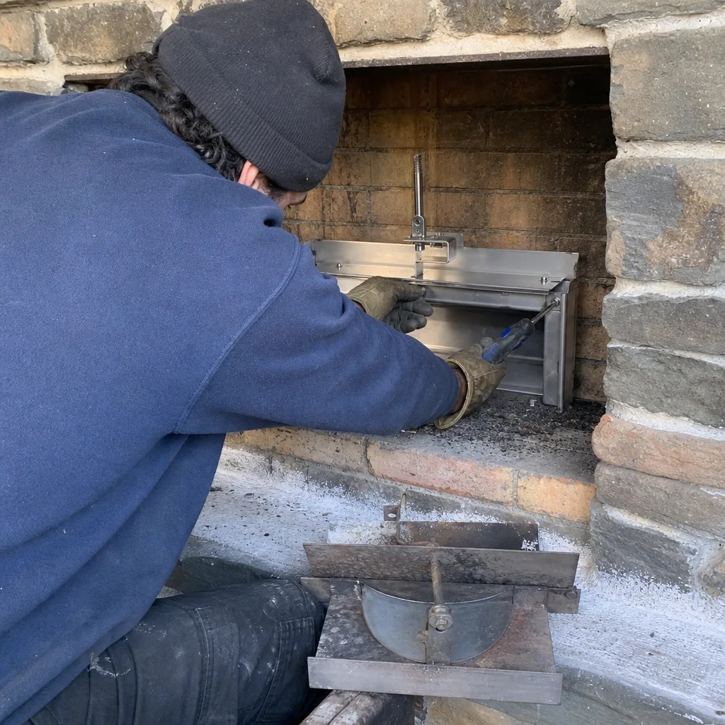 Technician installing or repairing a stainless steel fireplace insert